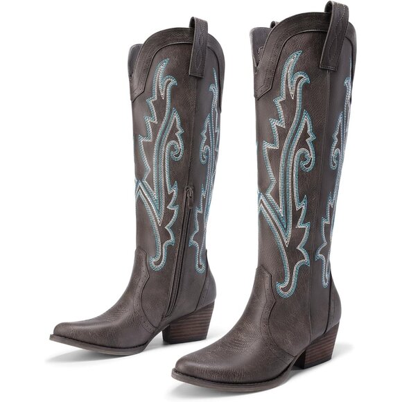 Womens Faux Leather Brown Embroidered Side Zipper Chunky Heel Retro Tall Boot - Picture 4 of 9